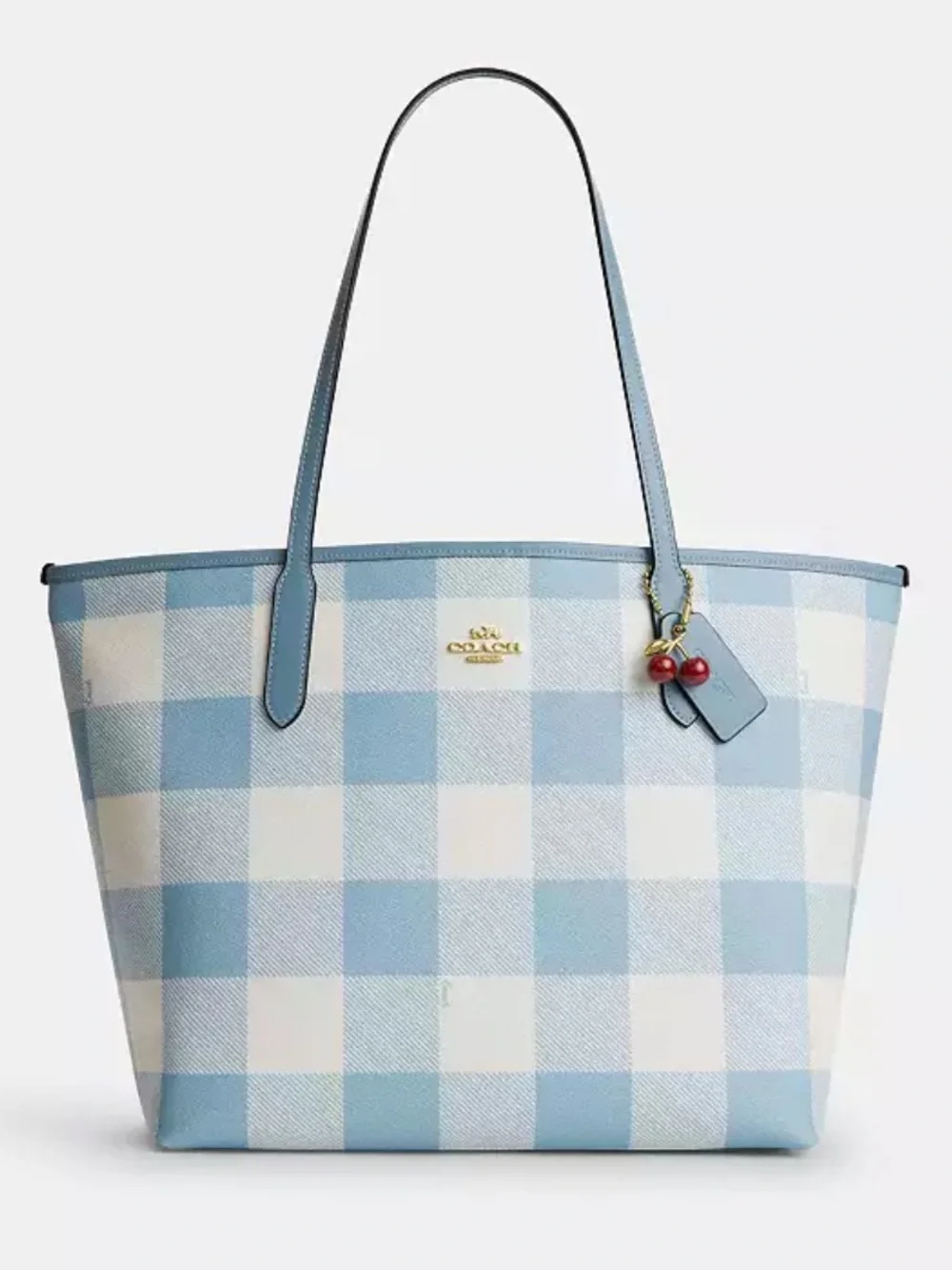 Coach Medium City Tote Bag: Blue & White Gingham Print With Cherry Bag Charm